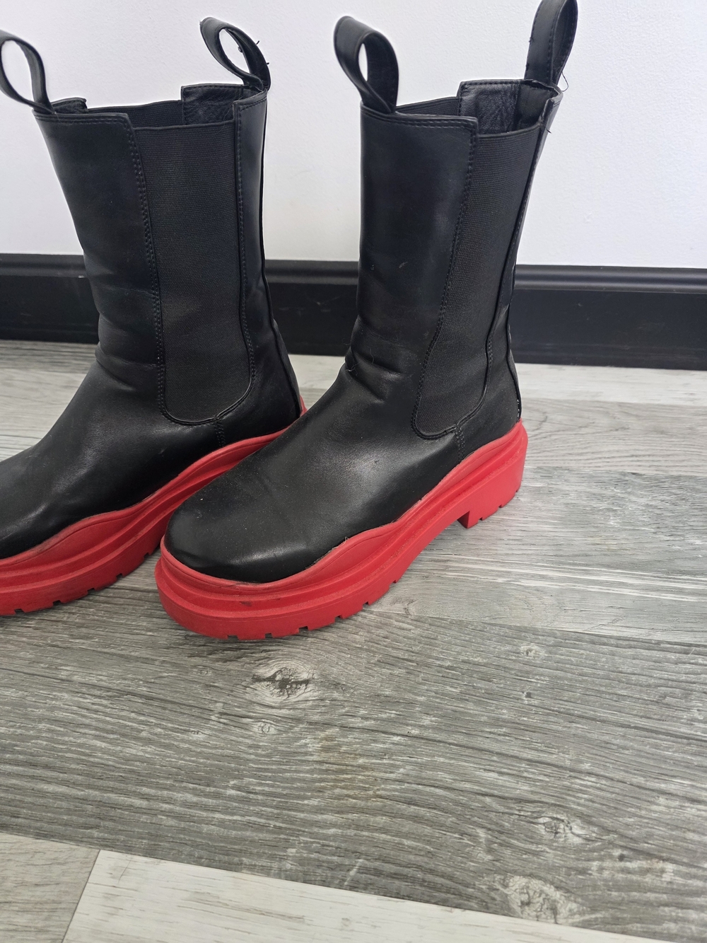 Women's Black Leather Combat Boots with Red Platform Sole